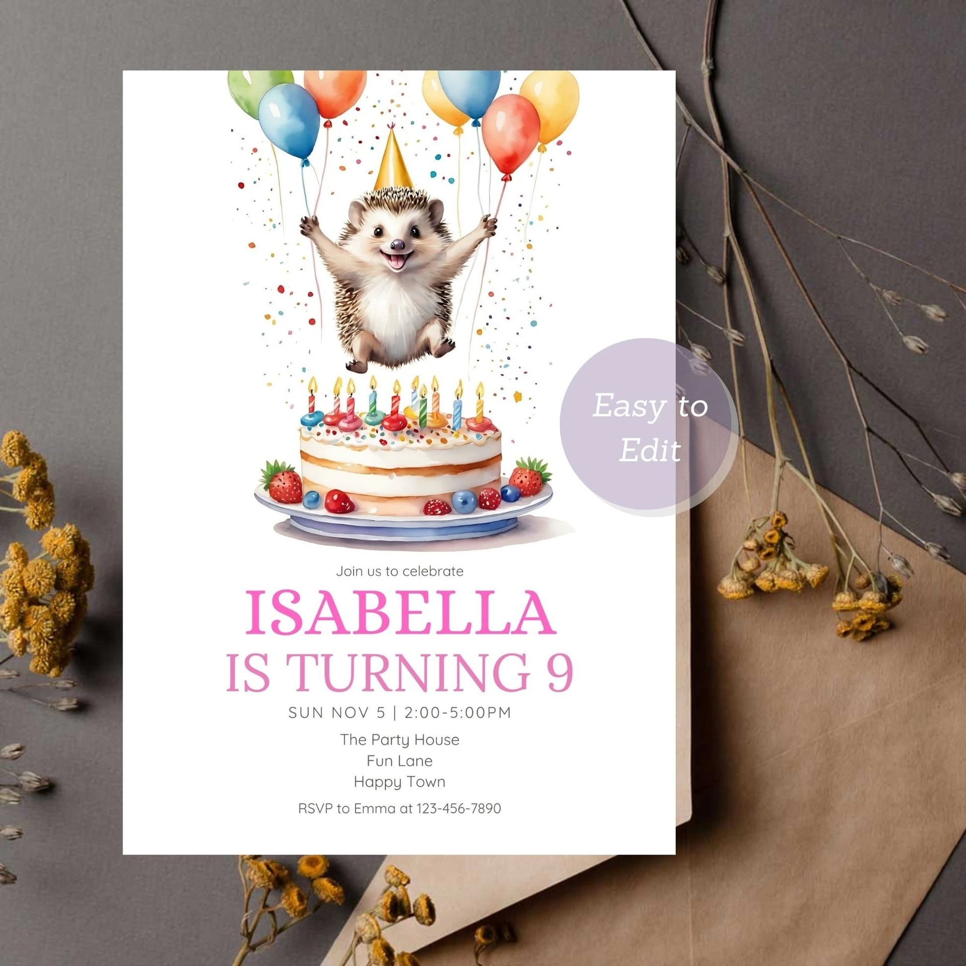 Kids' birthday invite with a hedgehog and forest animal theme.