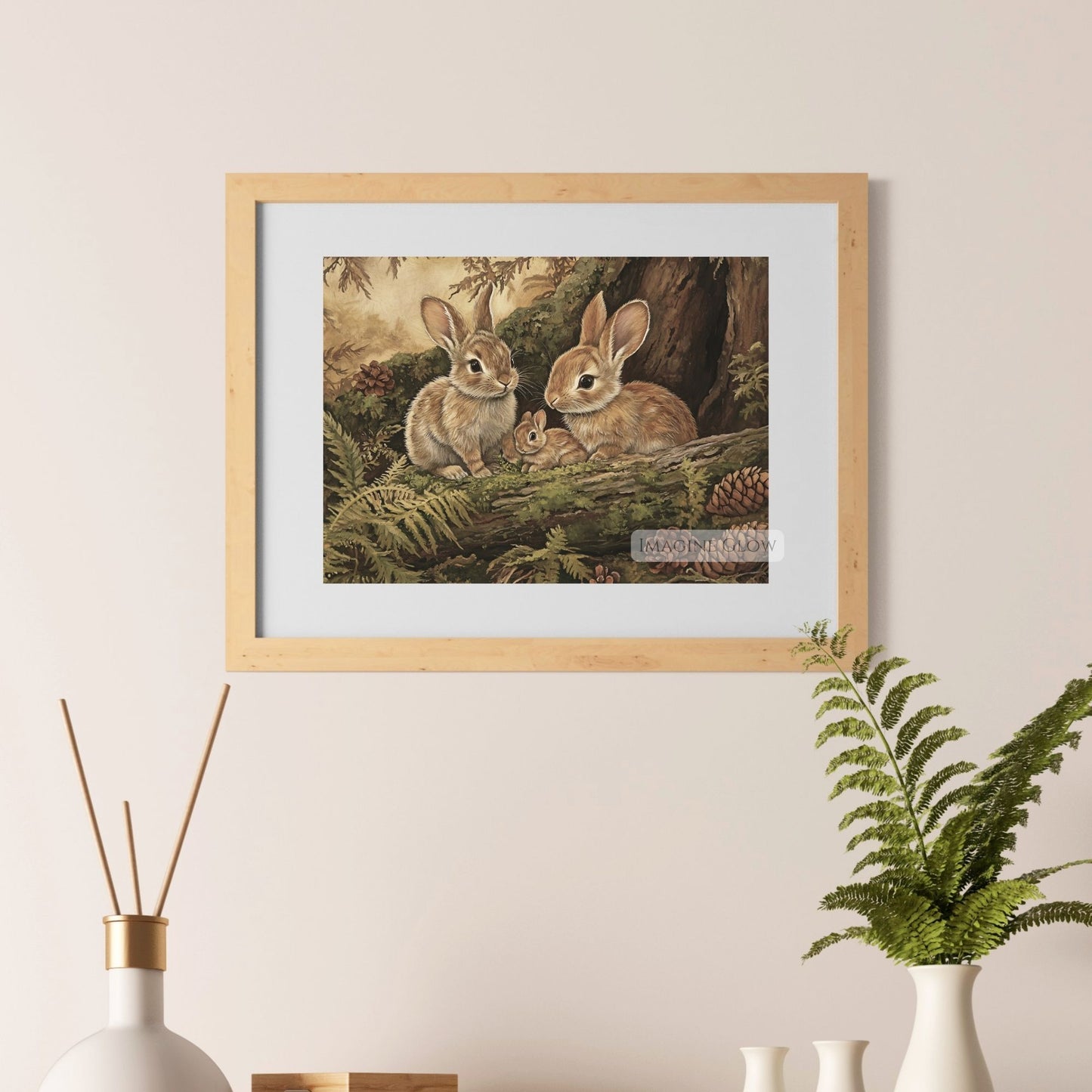 Rabbit family in a tranquil forest setting.