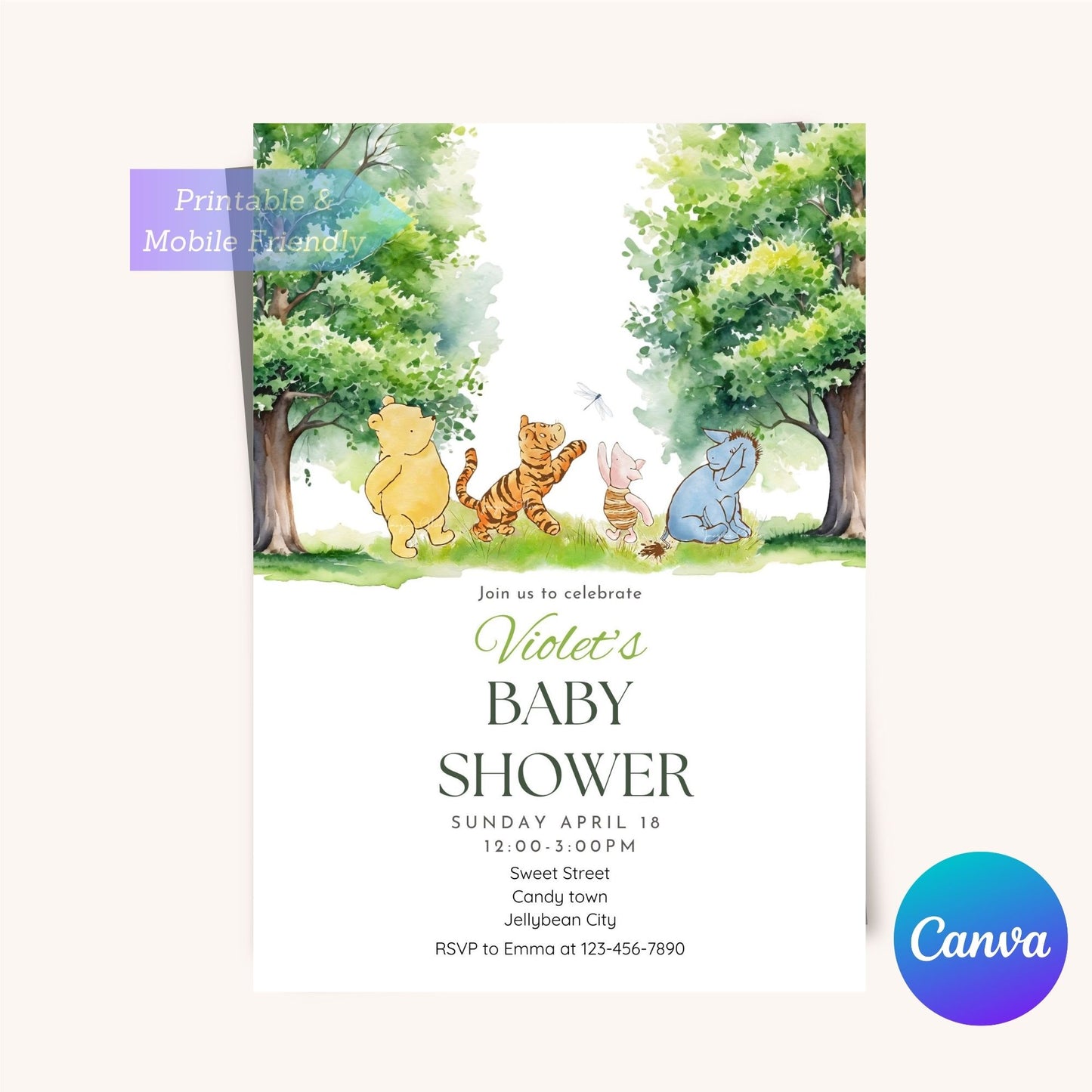 Gender-neutral rustic Winnie the Pooh baby shower invitation.