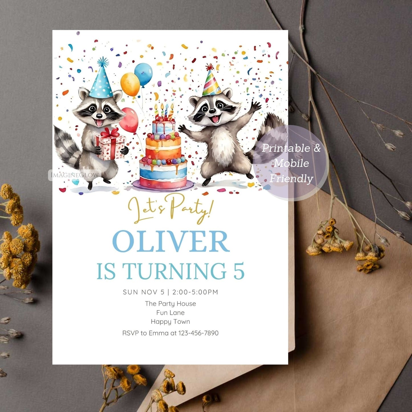 Cute raccoon birthday invite with woodland animal design.