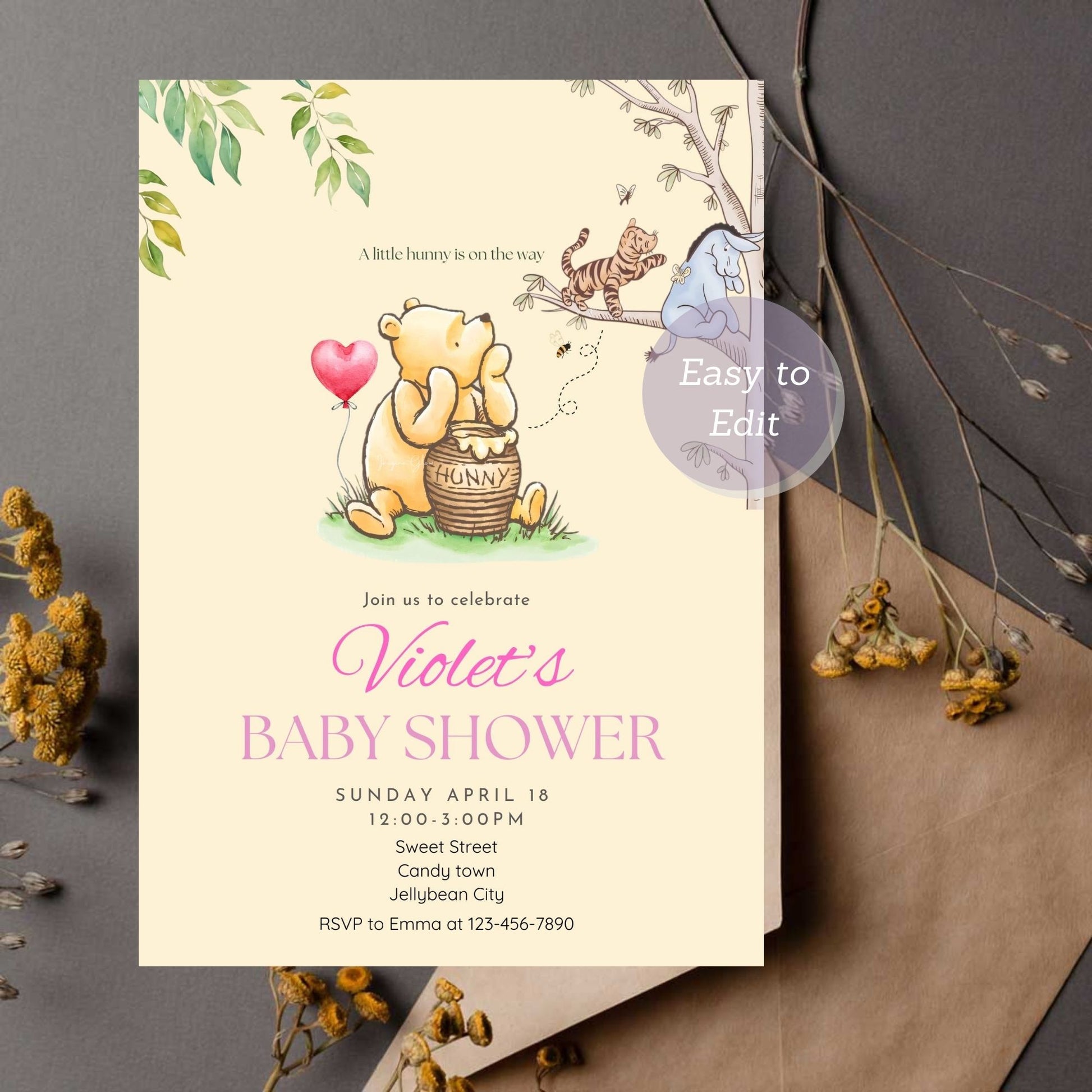 Customizable Winnie the Pooh baby shower invitation for a little one.