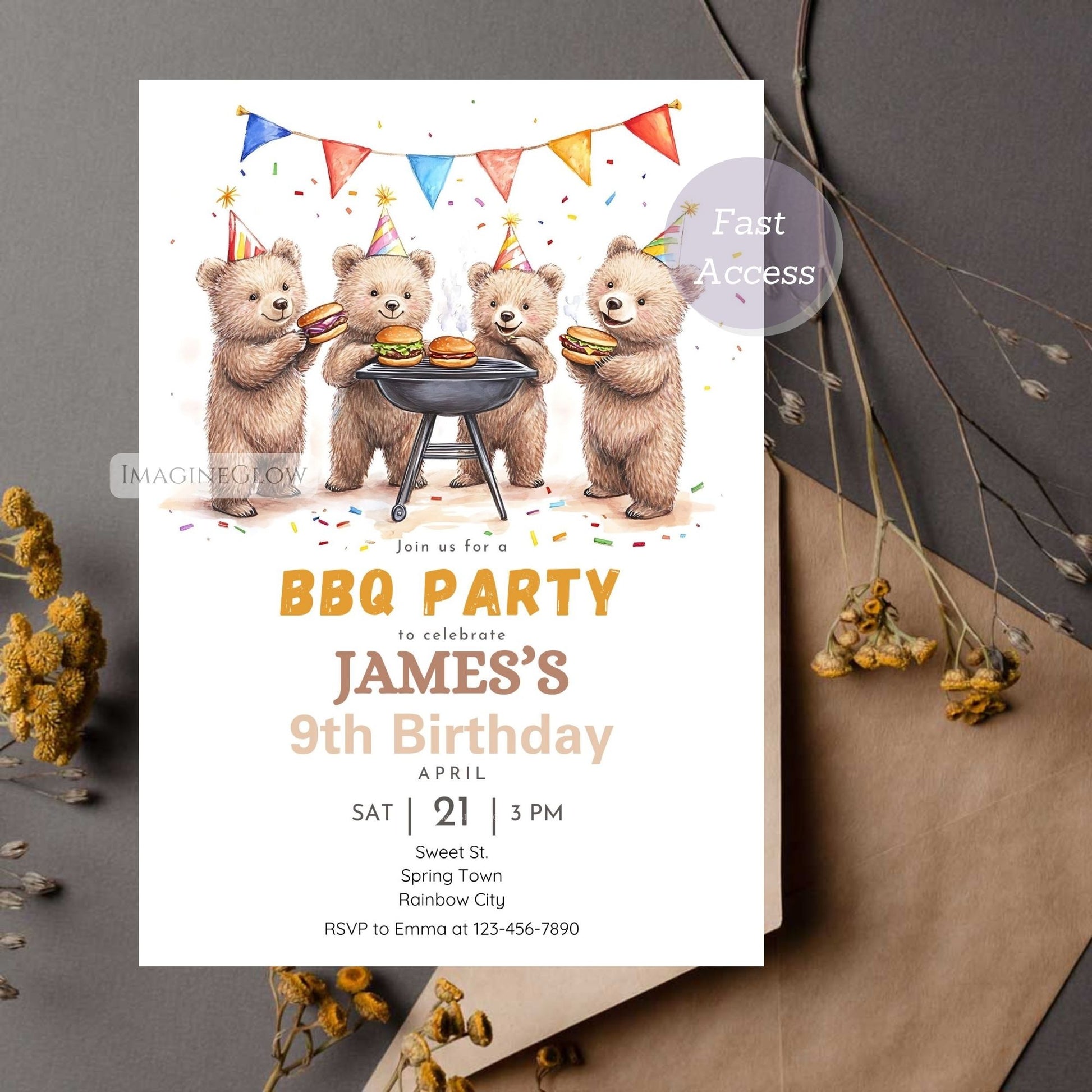 Bear-themed outdoor birthday invitation for a BBQ party