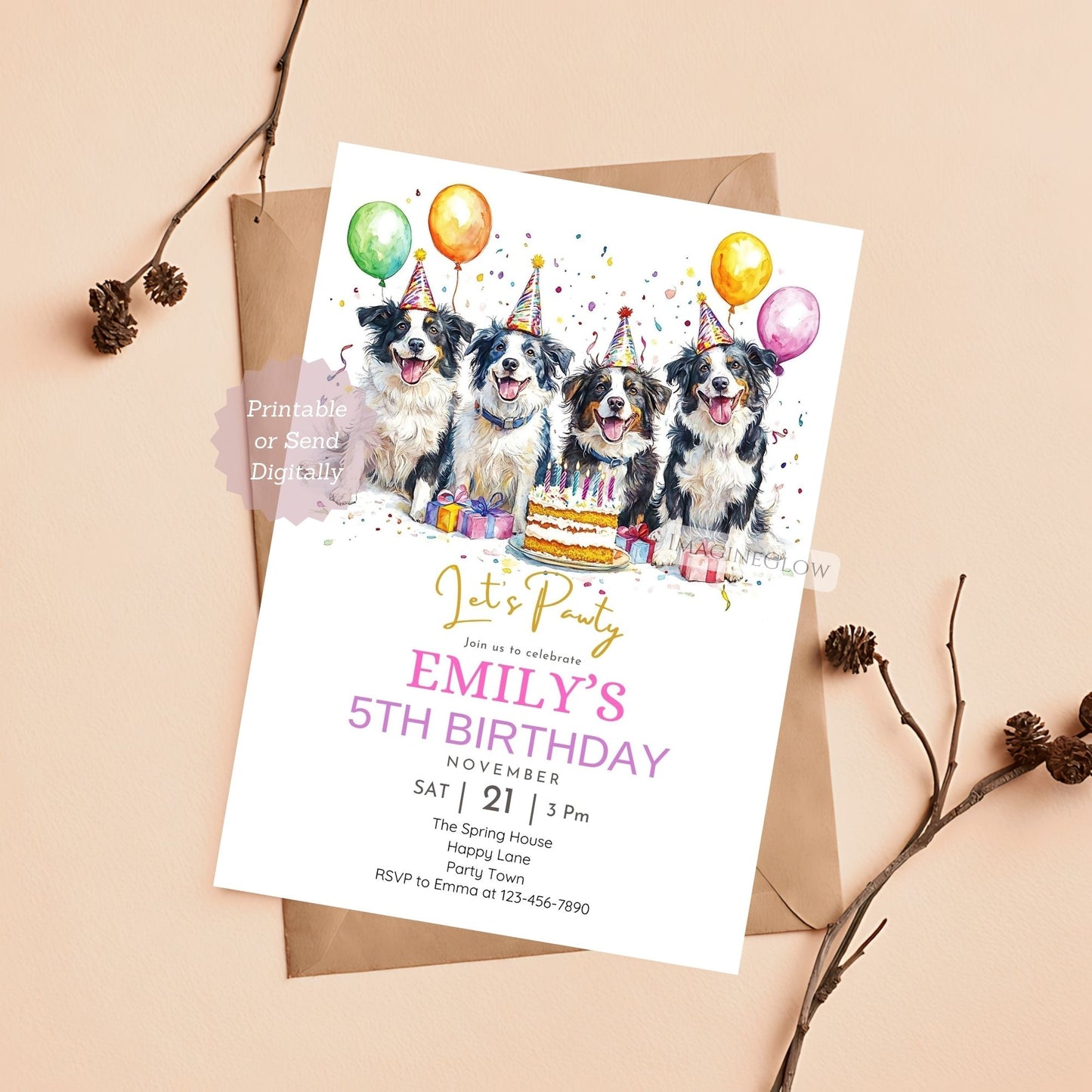 Printable Border Collie puppy pawty invitation.