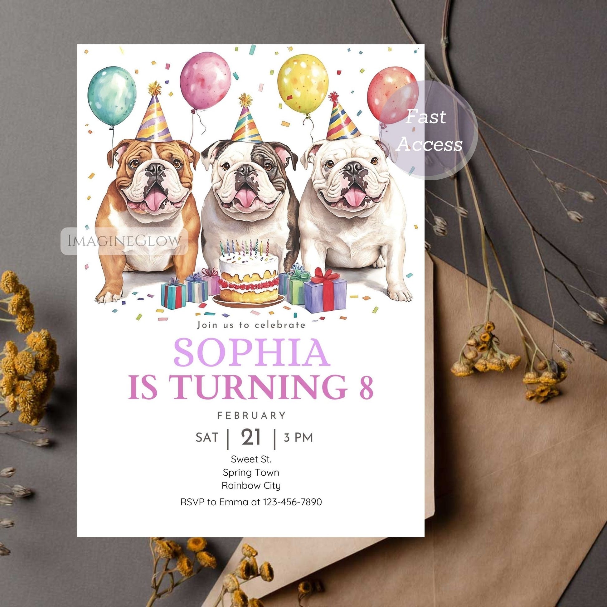 Bulldog dog birthday card for kids and adults
Customizable Bulldog birthday party invitation for pet lovers
