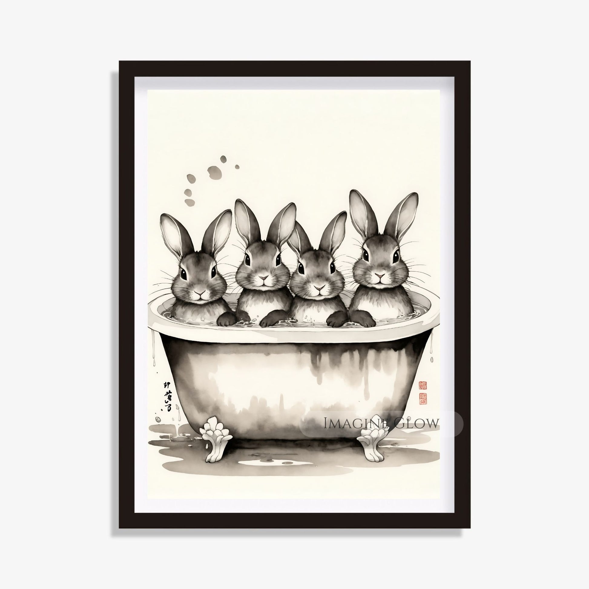 Black-and-white bunny bathroom wall art