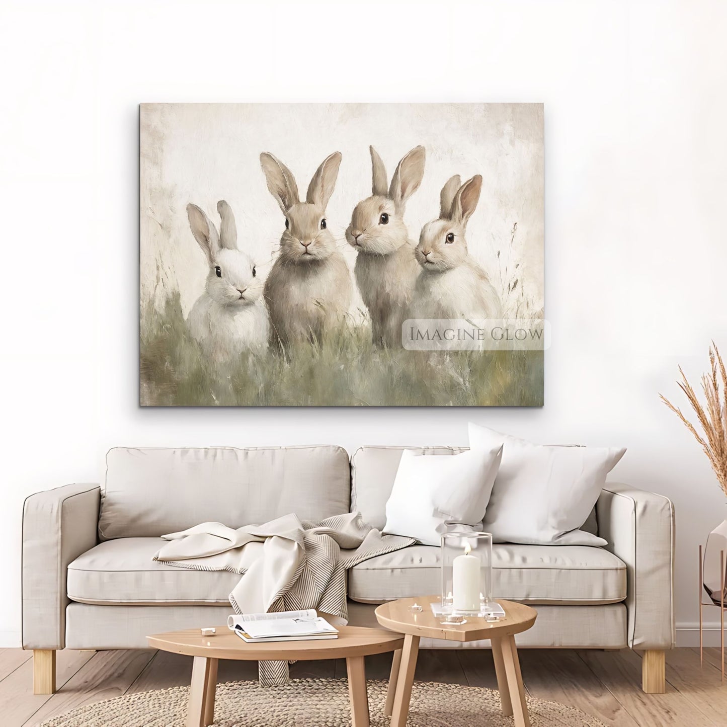Peaceful scene with four bunnies in a field