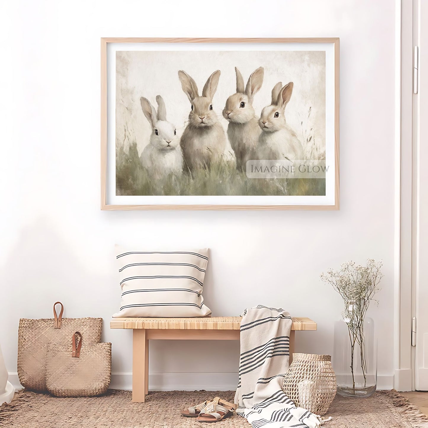 Vintage rabbit print of four bunnies in nature
