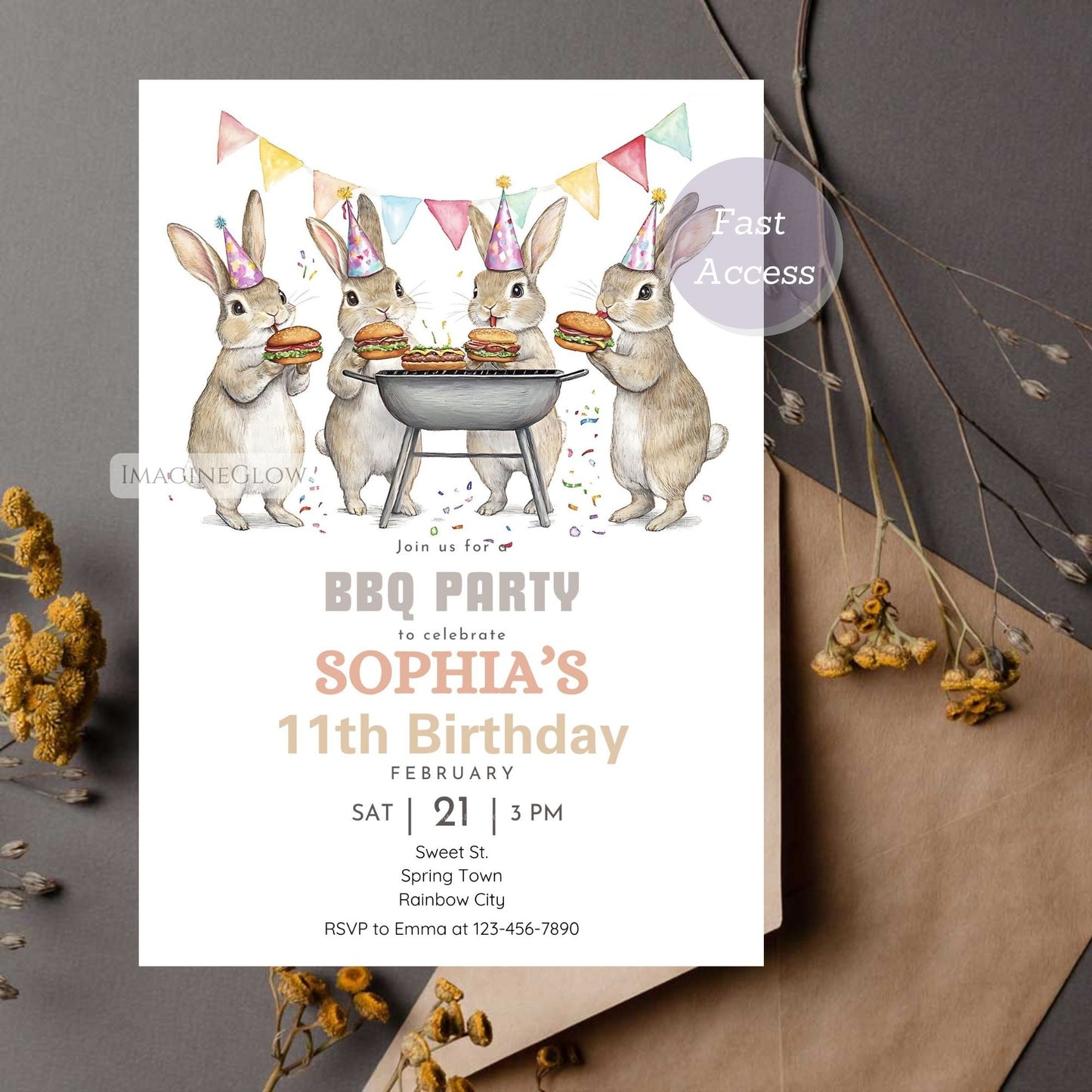 Cute bunny birthday invitation for a backyard BBQ party