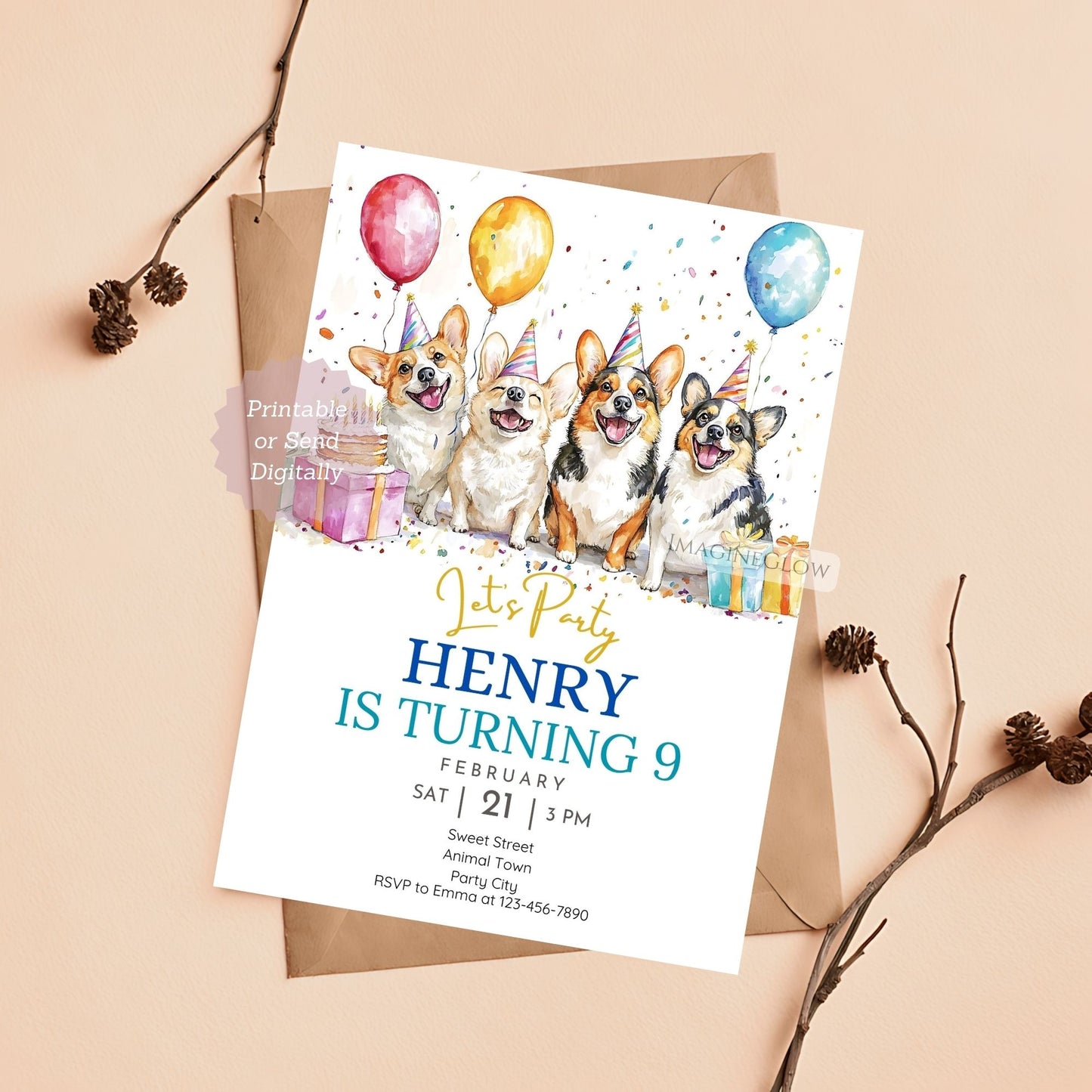 Pembroke Welsh Corgi birthday invitation with four dogs.