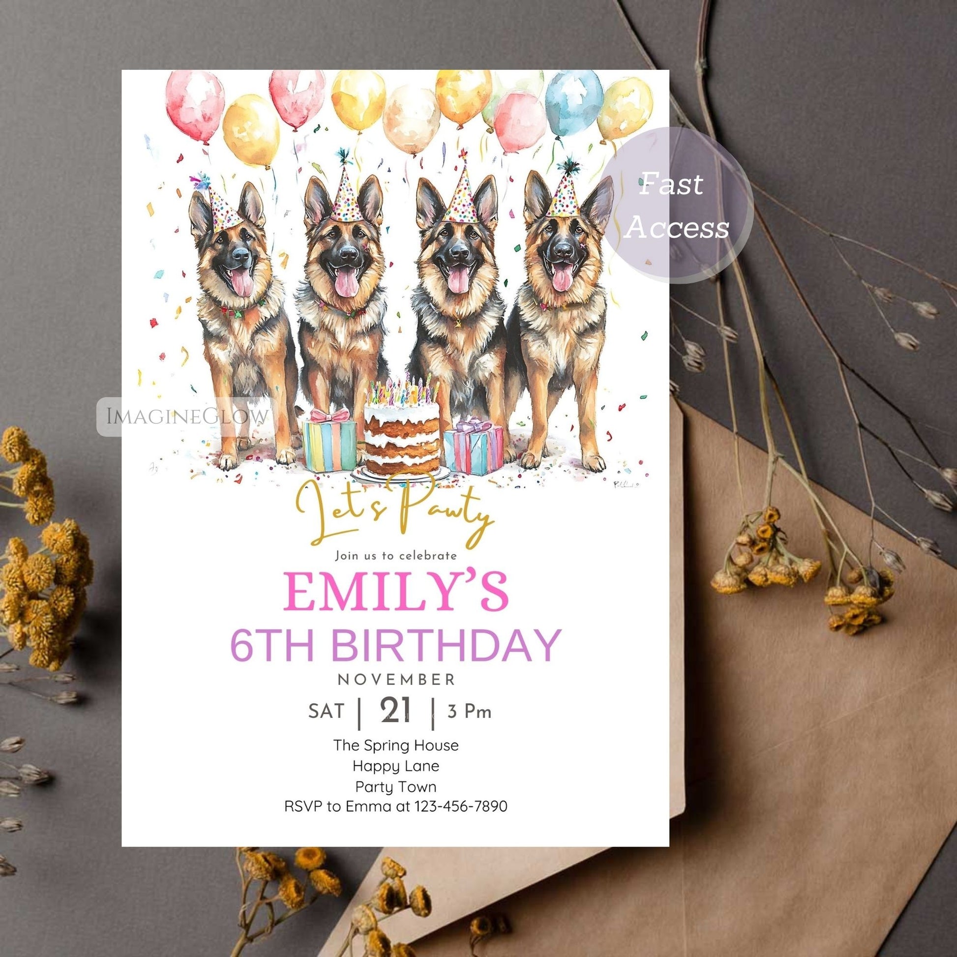 Fun dog-themed birthday invitation with German Shepherds
Four playful German Shepherds birthday invitation design