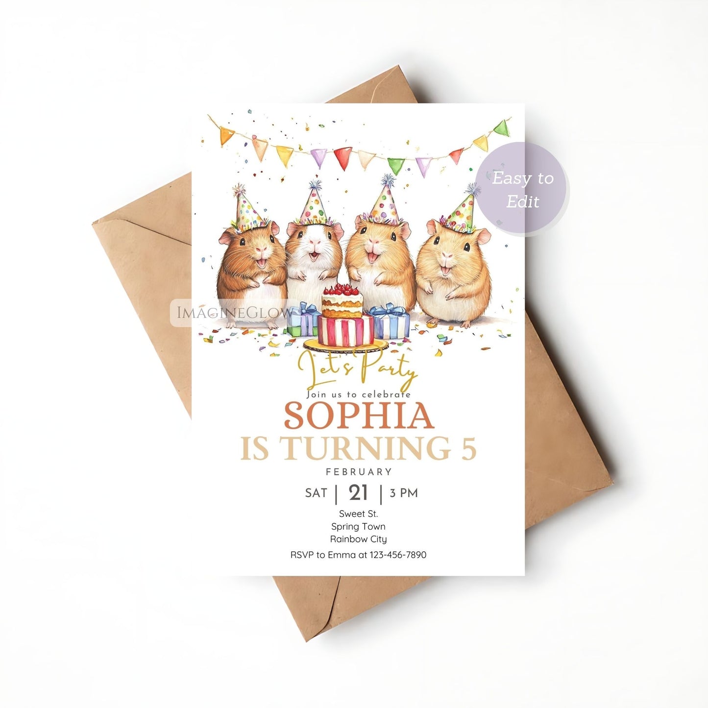 Printable guinea pig birthday invite for kids and pet lovers.