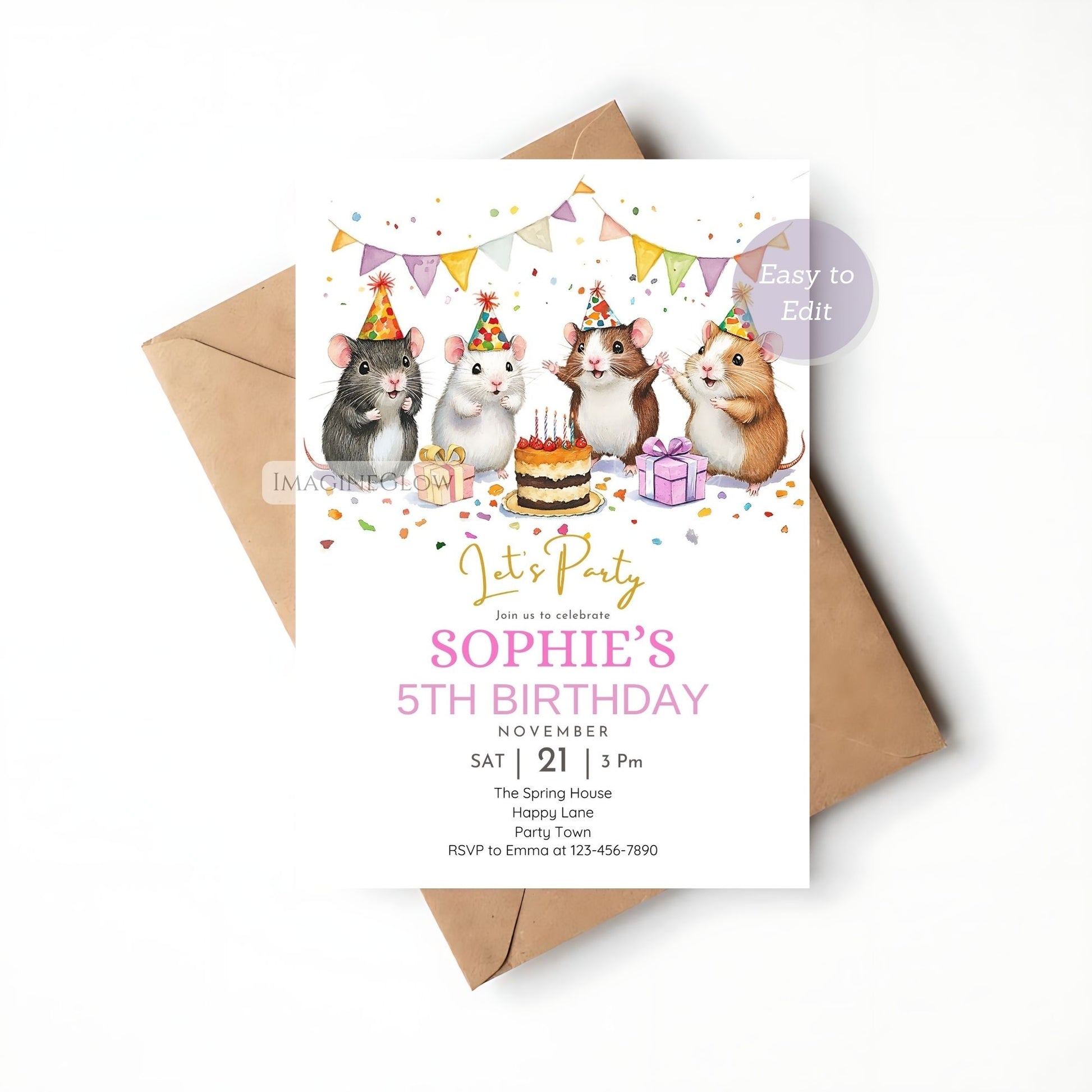 Adorable hamsters celebrating with a cake and party decorations.