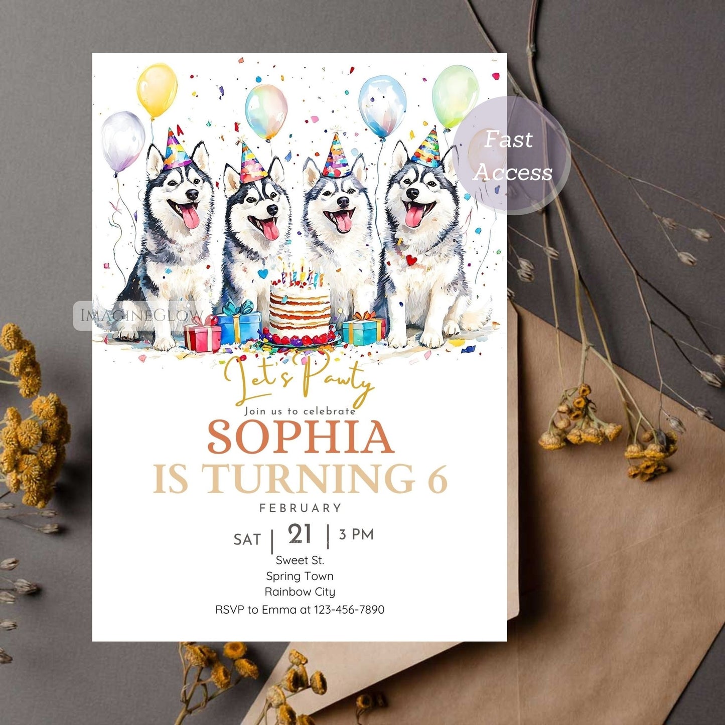 Husky-themed birthday invitation with four dogs