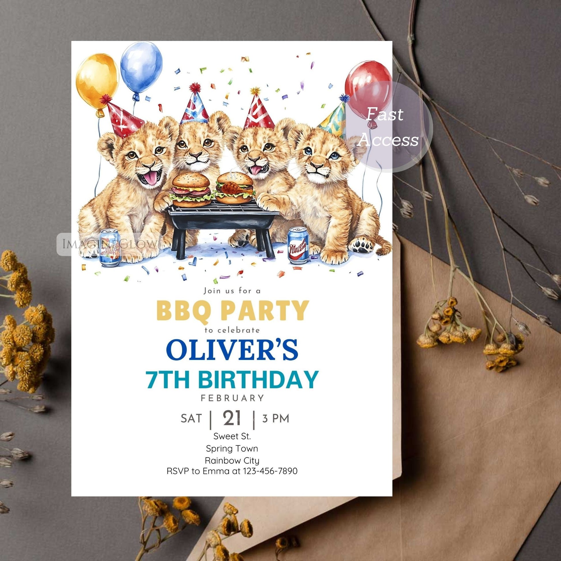 Cute lion cubs grilling food on a backyard BBQ birthday invite.