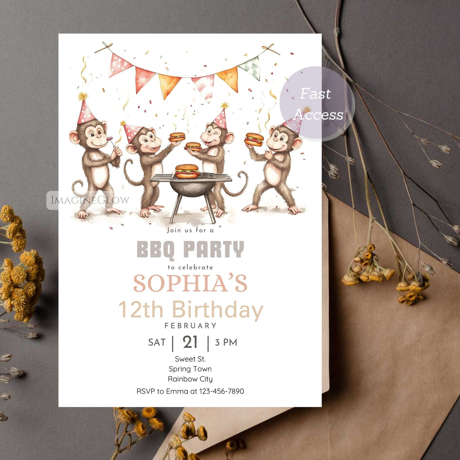 Printable monkey BBQ birthday invite for summer cookout party