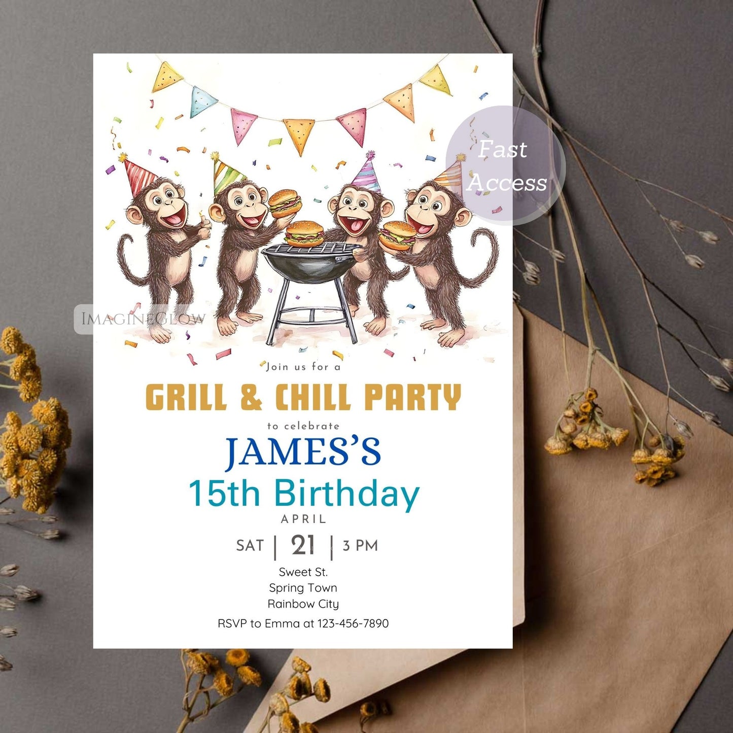 Monkey-themed birthday BBQ invite with grilling elements