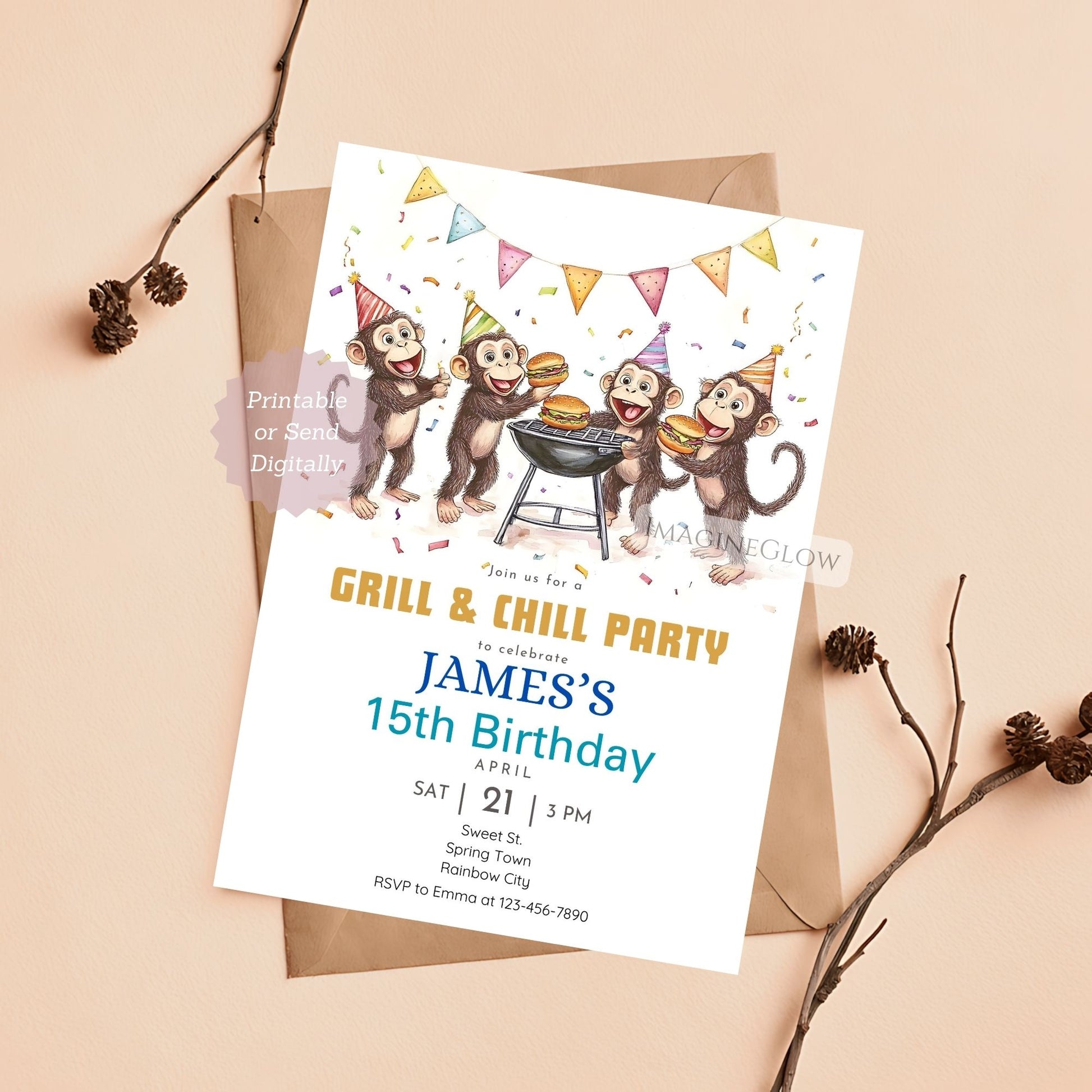 Backyard BBQ birthday invitation with four monkeys