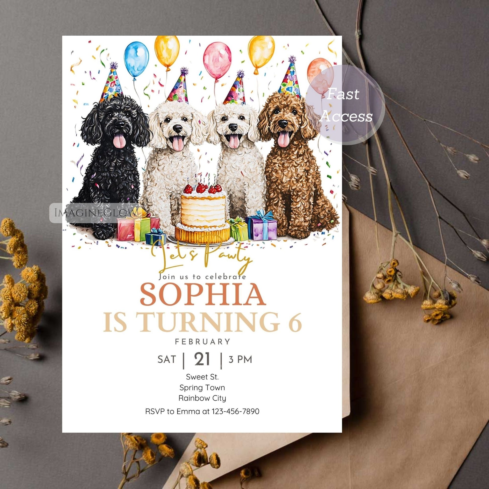 Digital download Poodle dog birthday invite