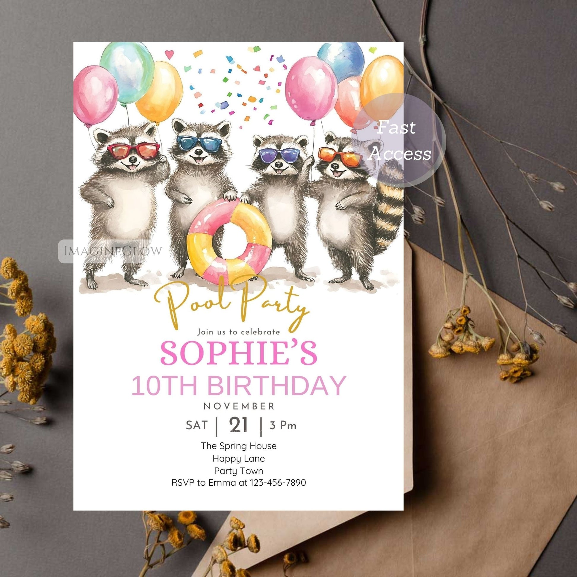 Customizable raccoon birthday invite for swim celebrations.