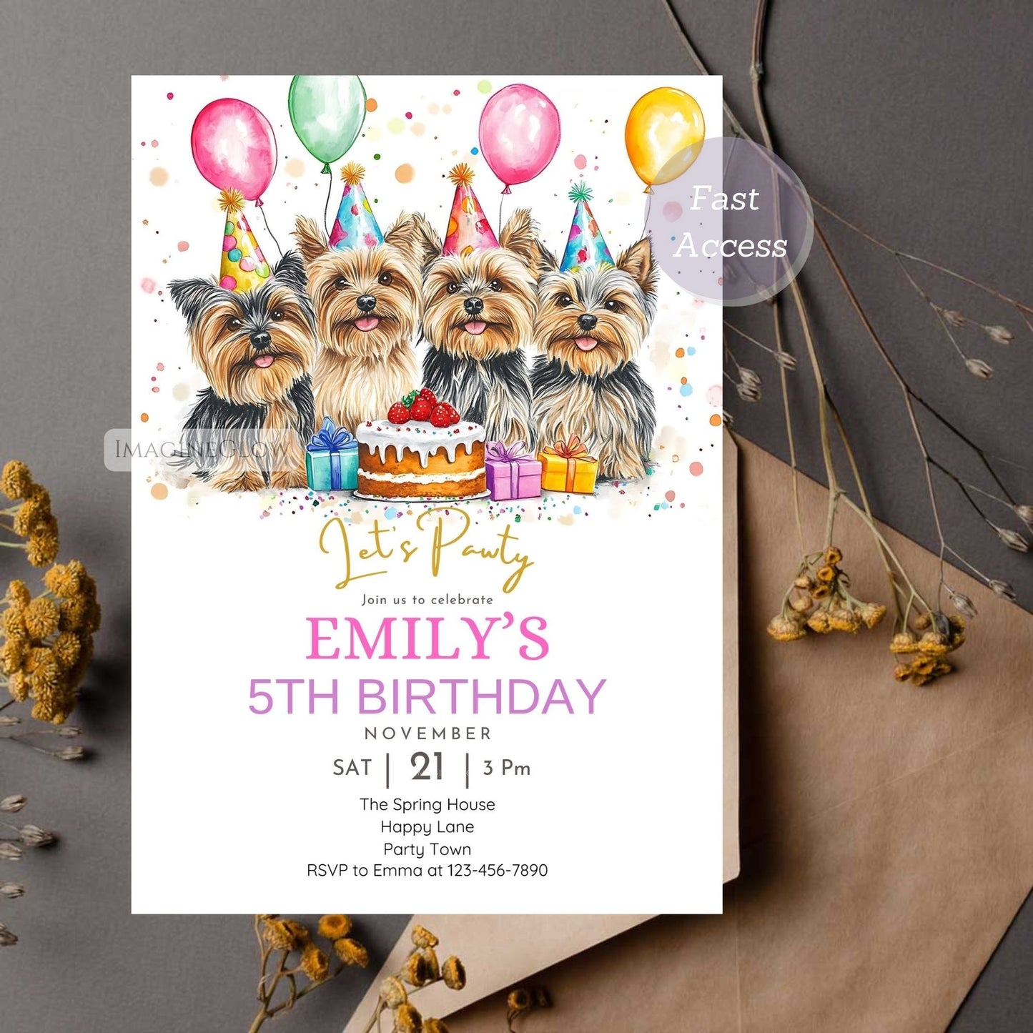Instant download four Yorkie birthday invitation
Personalized dog lover’s birthday party invitation