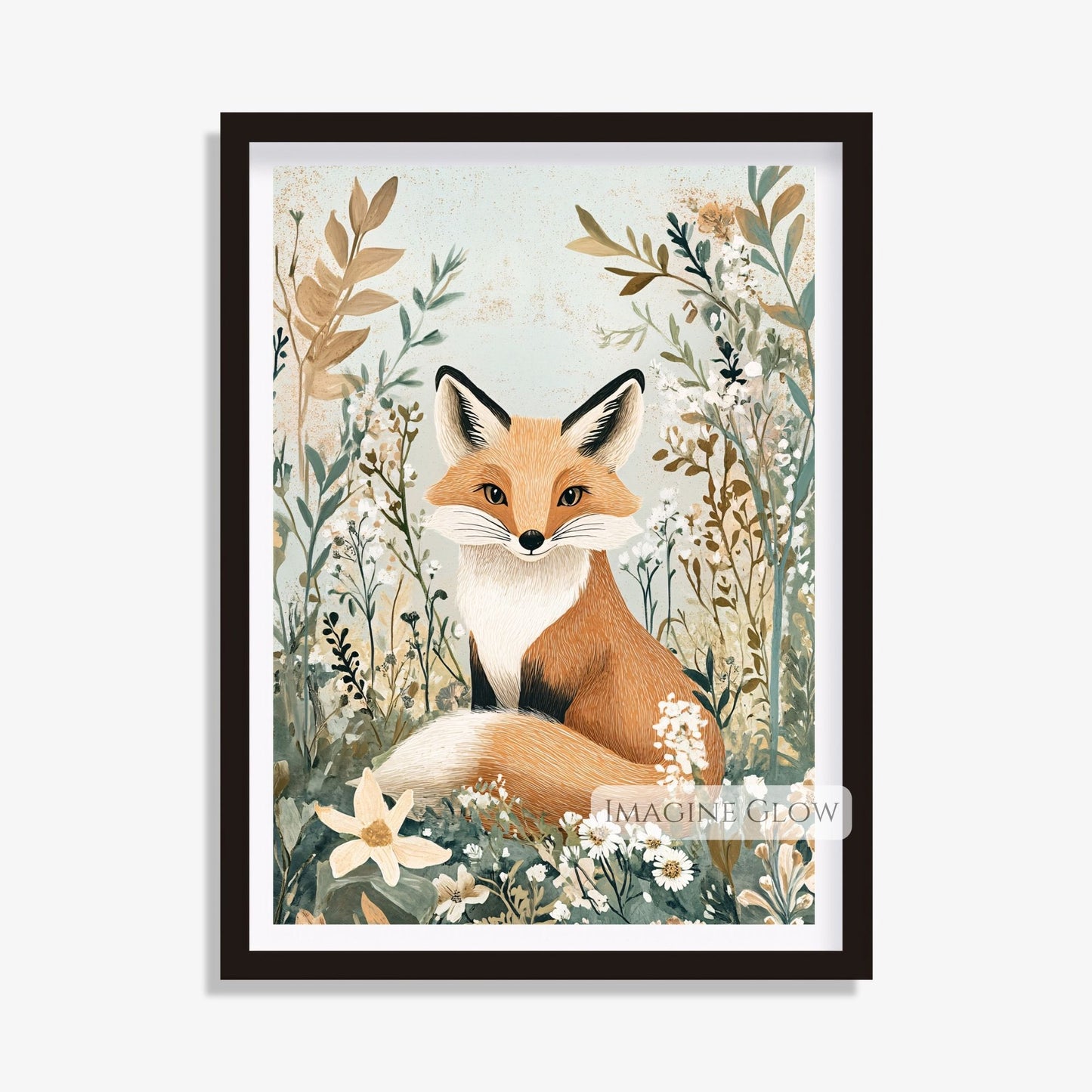 Wildlife art featuring a fox and blooming wildflowers.