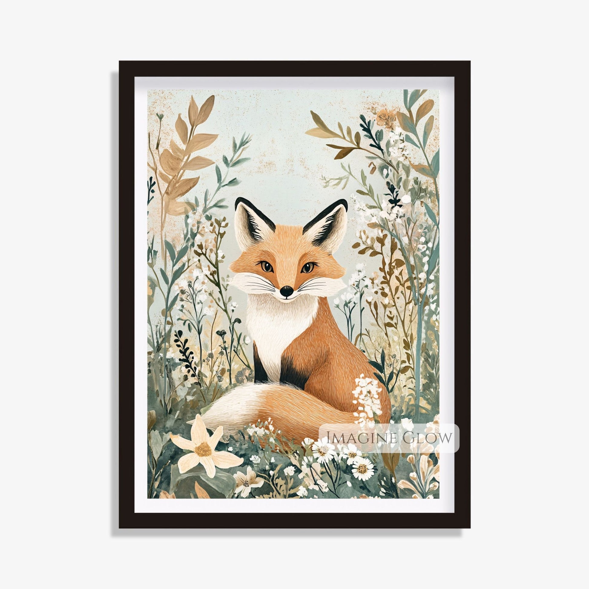 Wildlife art featuring a fox and blooming wildflowers.