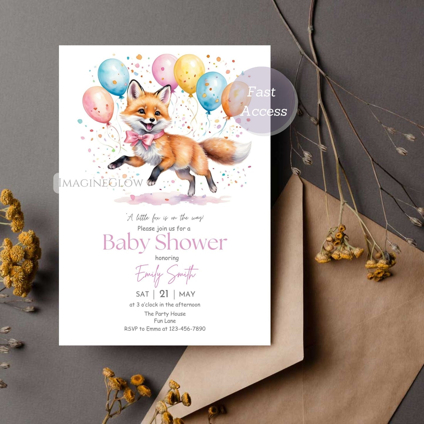canva fox invitation for baby girl shower
