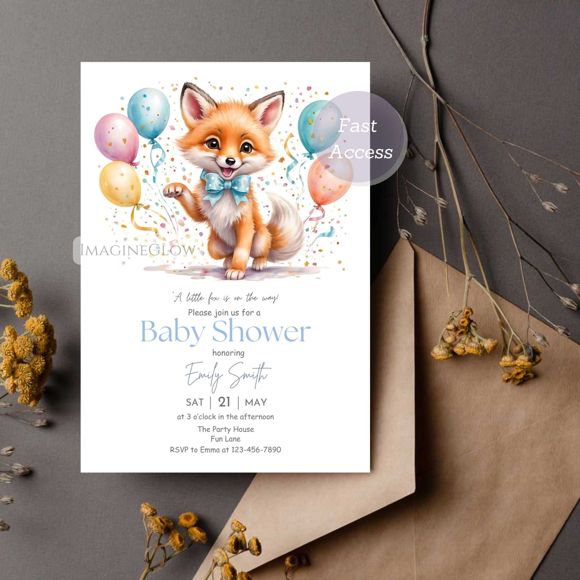 printable woodland fox baby shower card