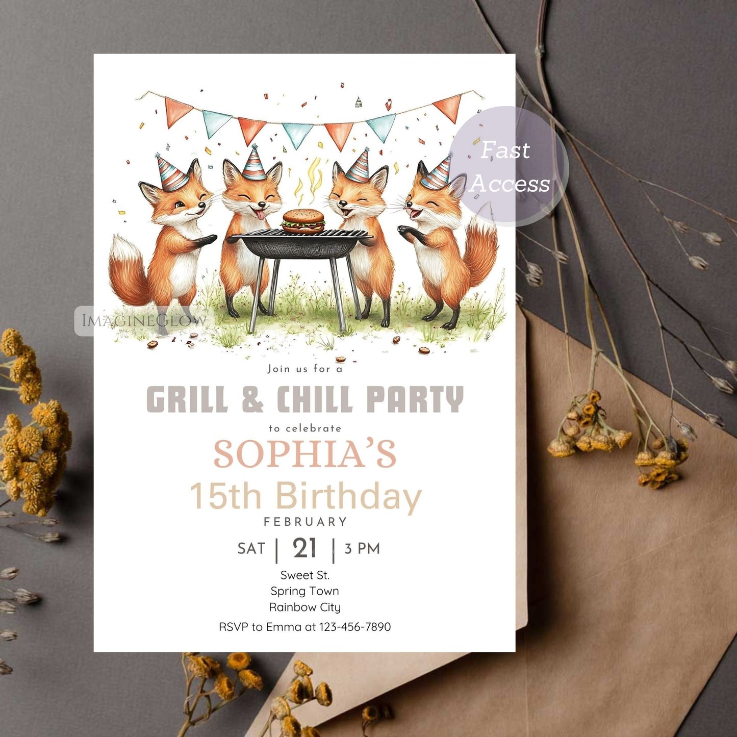 Cute fox cookout party invitation digital download