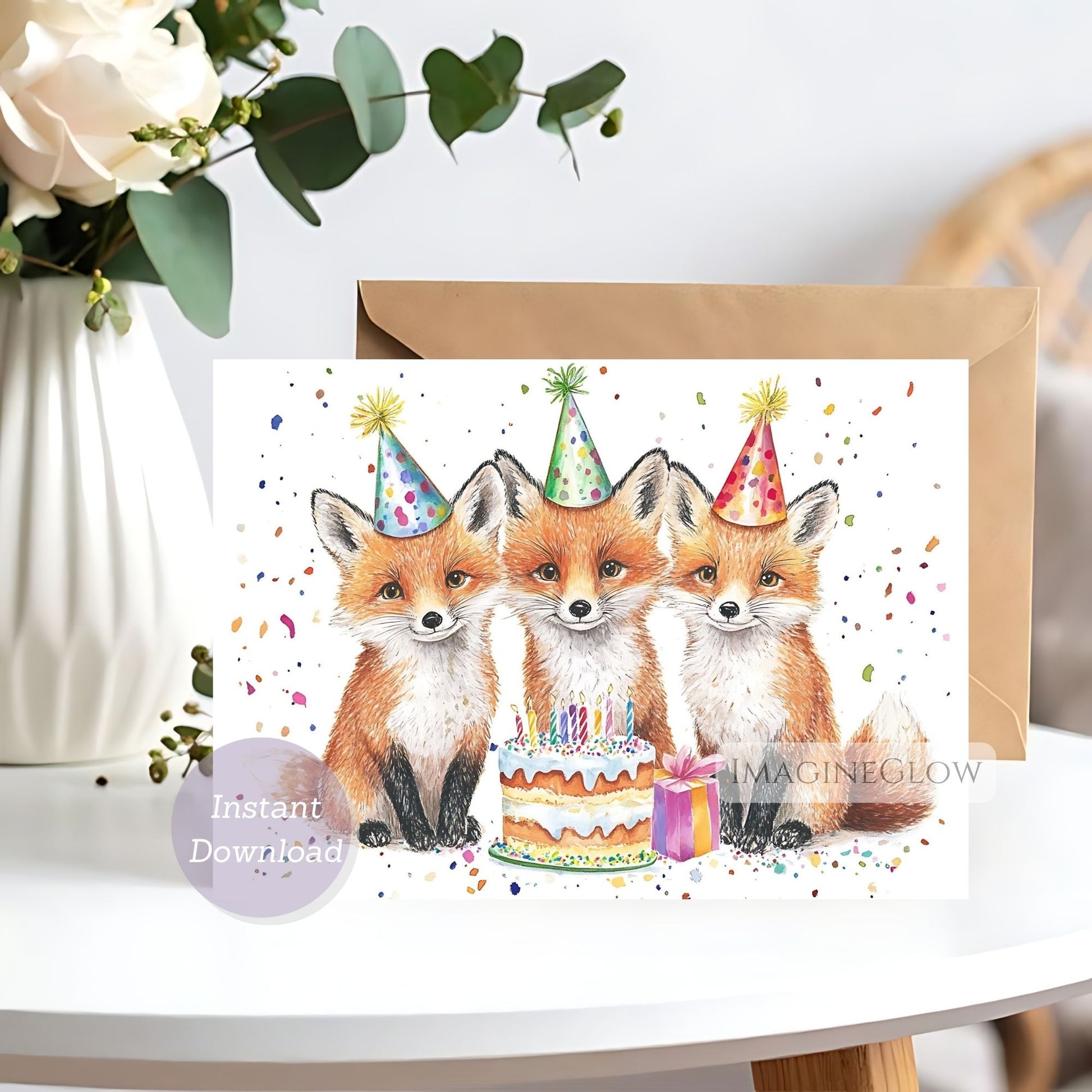 Greeting card with three foxes wearing party hats around a birthday cake and gift