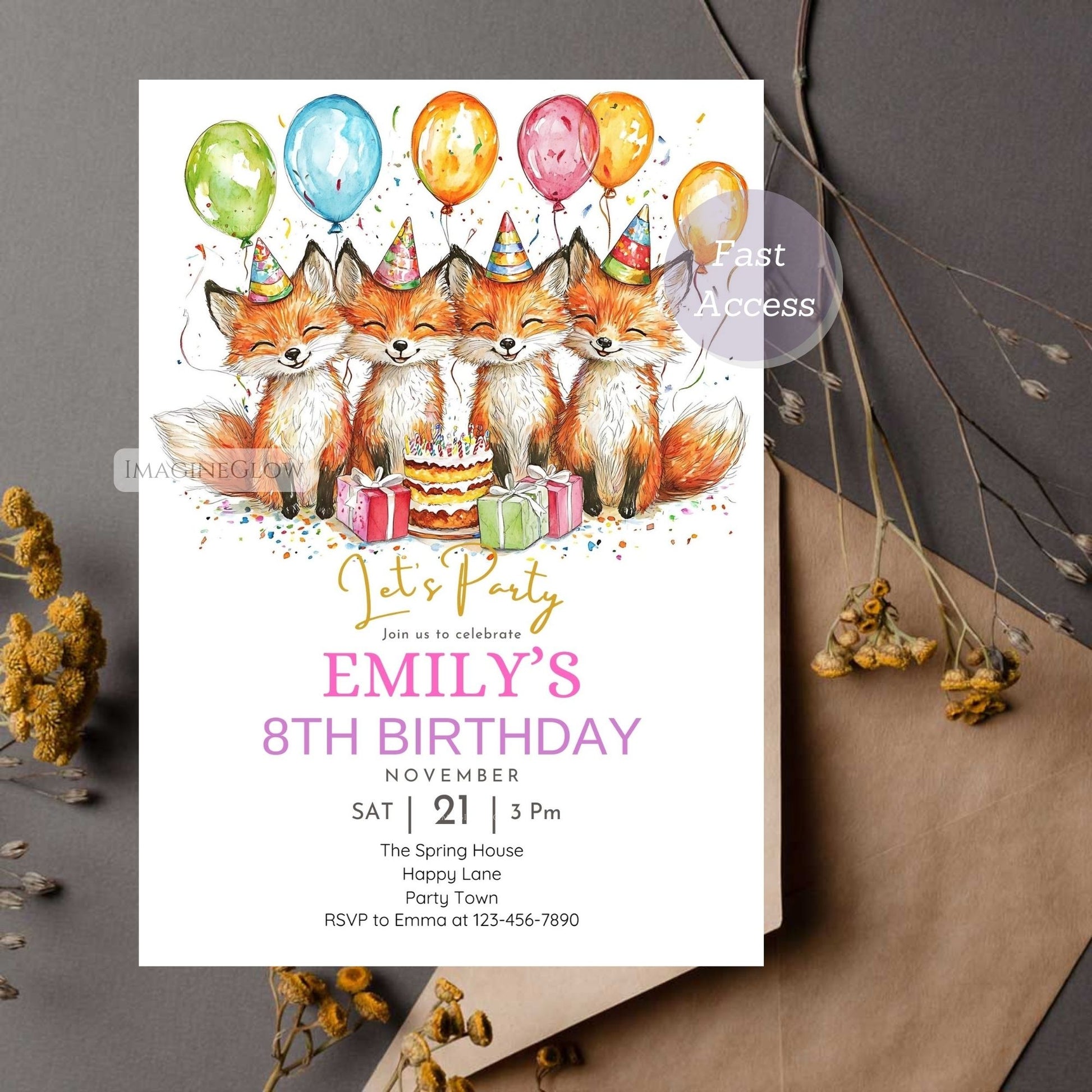 Editable forest animal party invitation
Autumn-themed fox birthday invitation
Digital fox birthday invitation