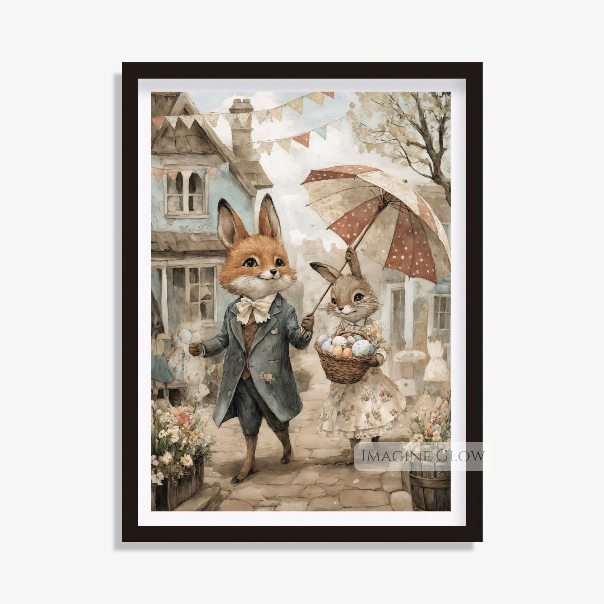Vintage-Style Fox & Bunny Easter Print for Home Decor