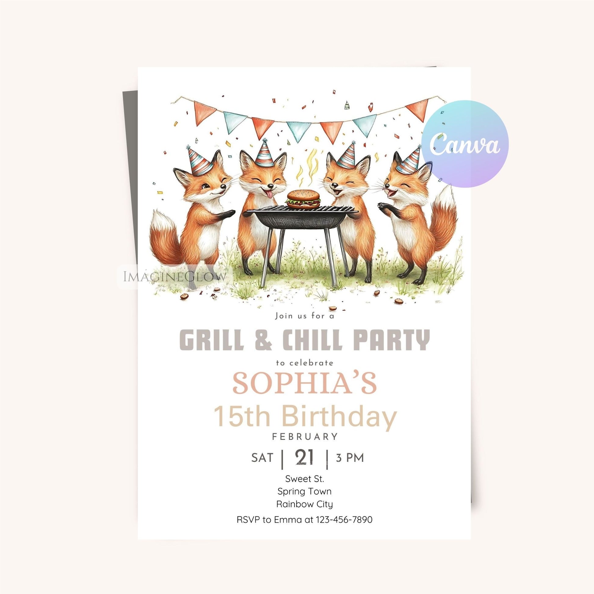 Backyard BBQ birthday invitation with a fox