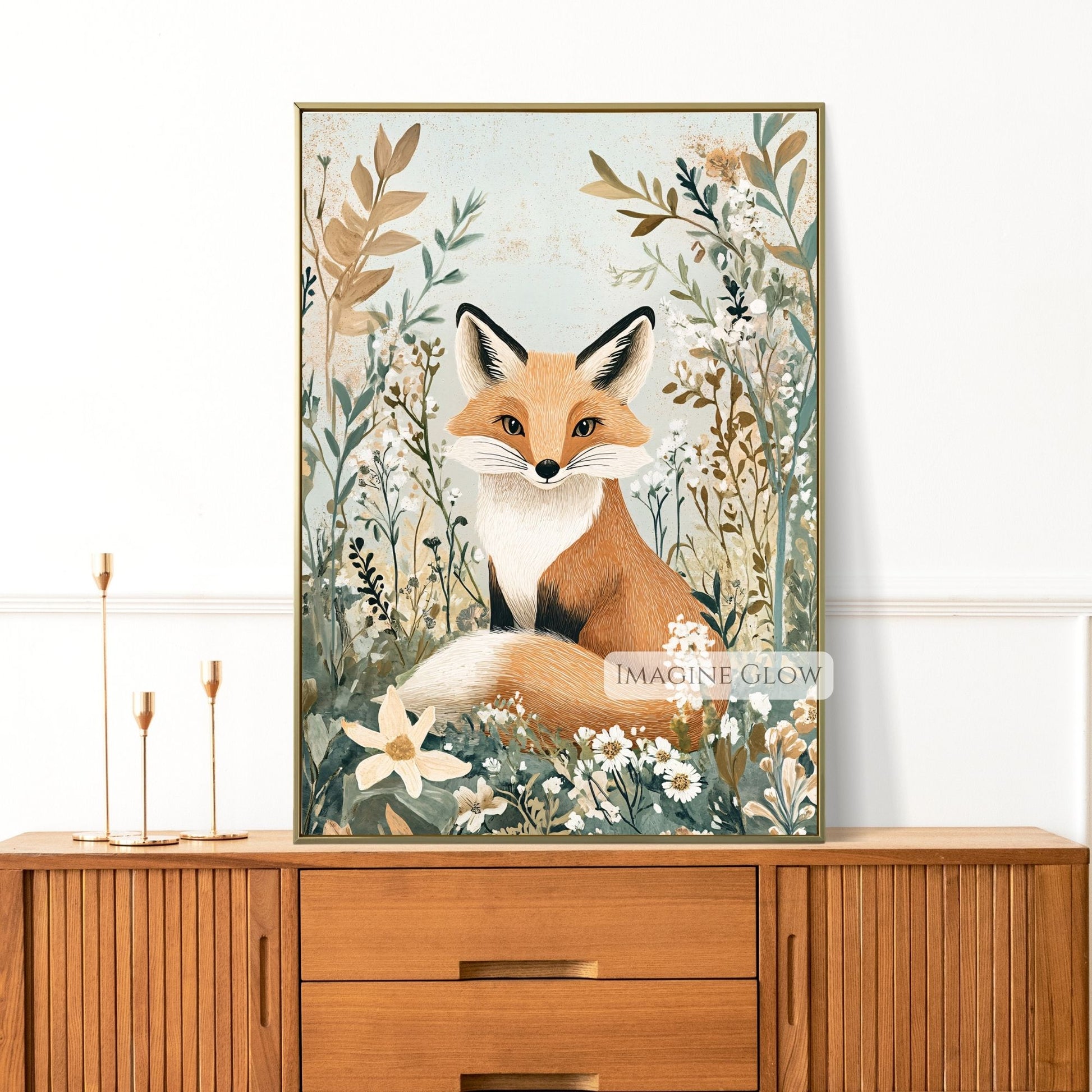 Nature-themed fox wall art with floral accents.