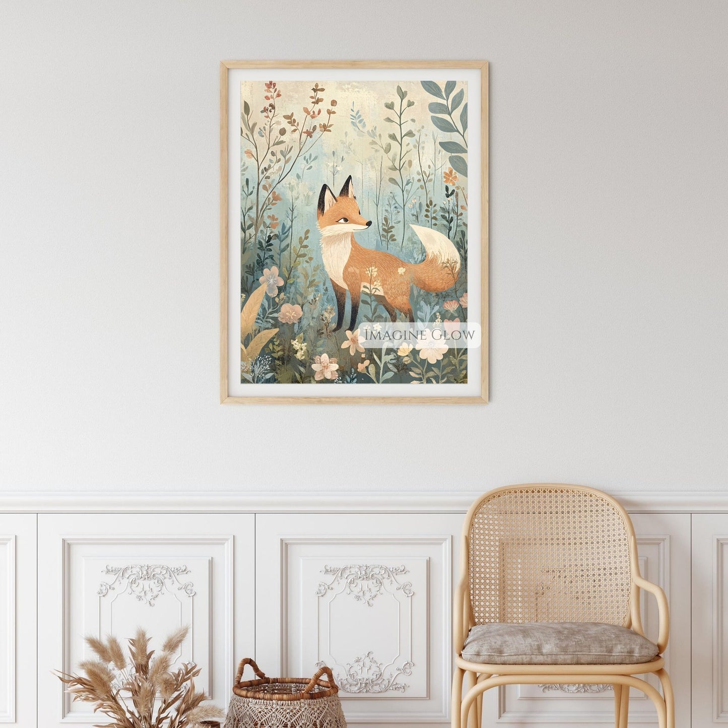 Fox surrounded by blooming flowers wall art.