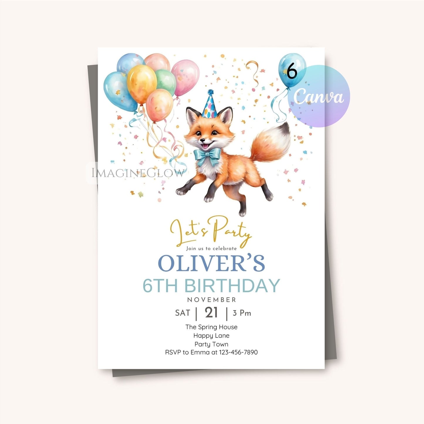 Customizable woodland animal party invite with a charming fox design