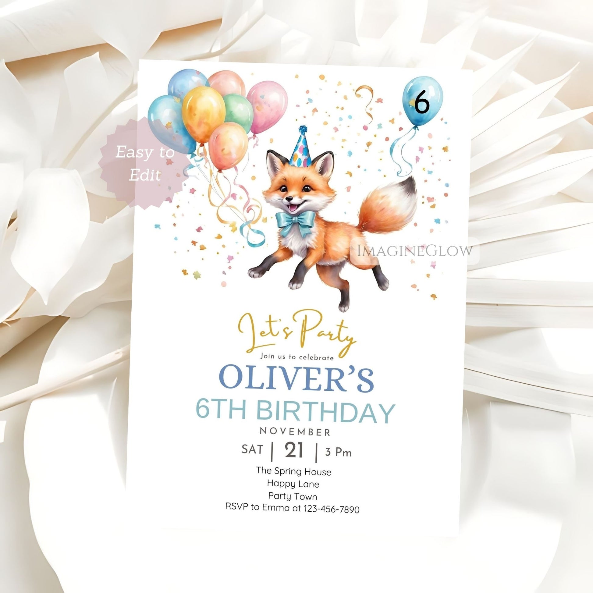 Fox birthday party invitation with nature elements for a rustic celebration