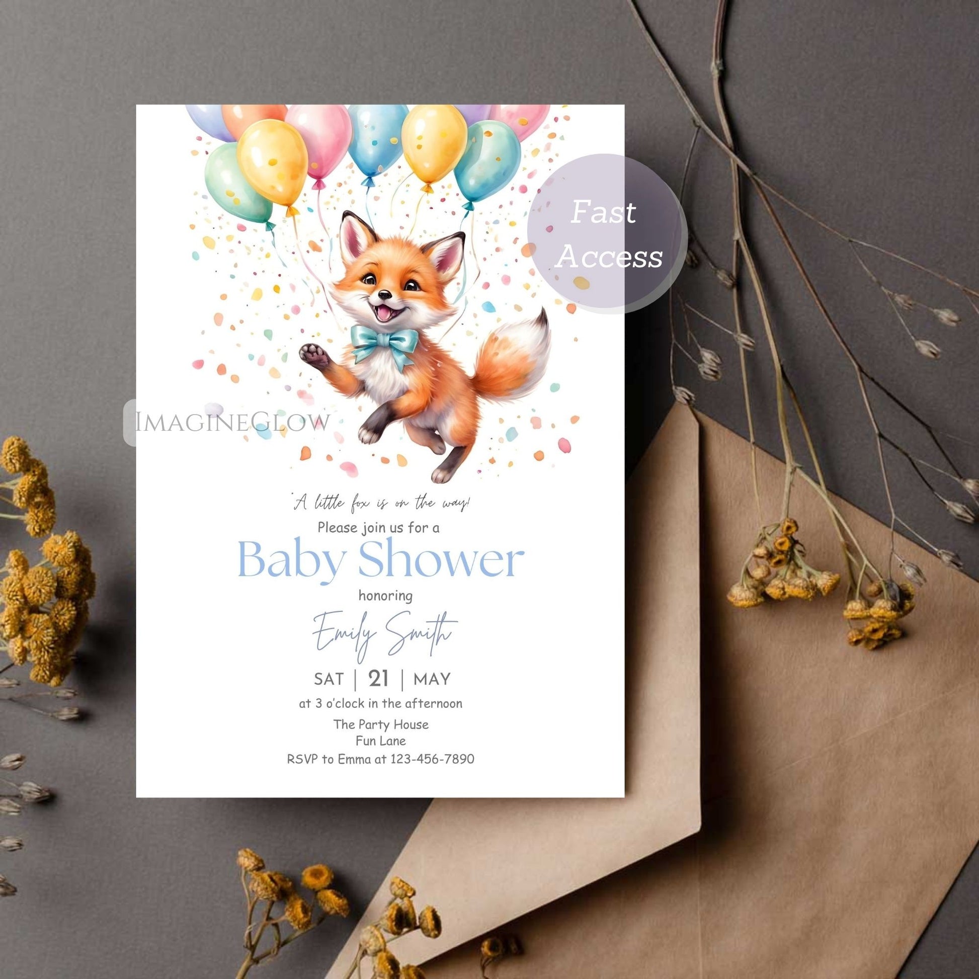 editable forest animal baby shower card