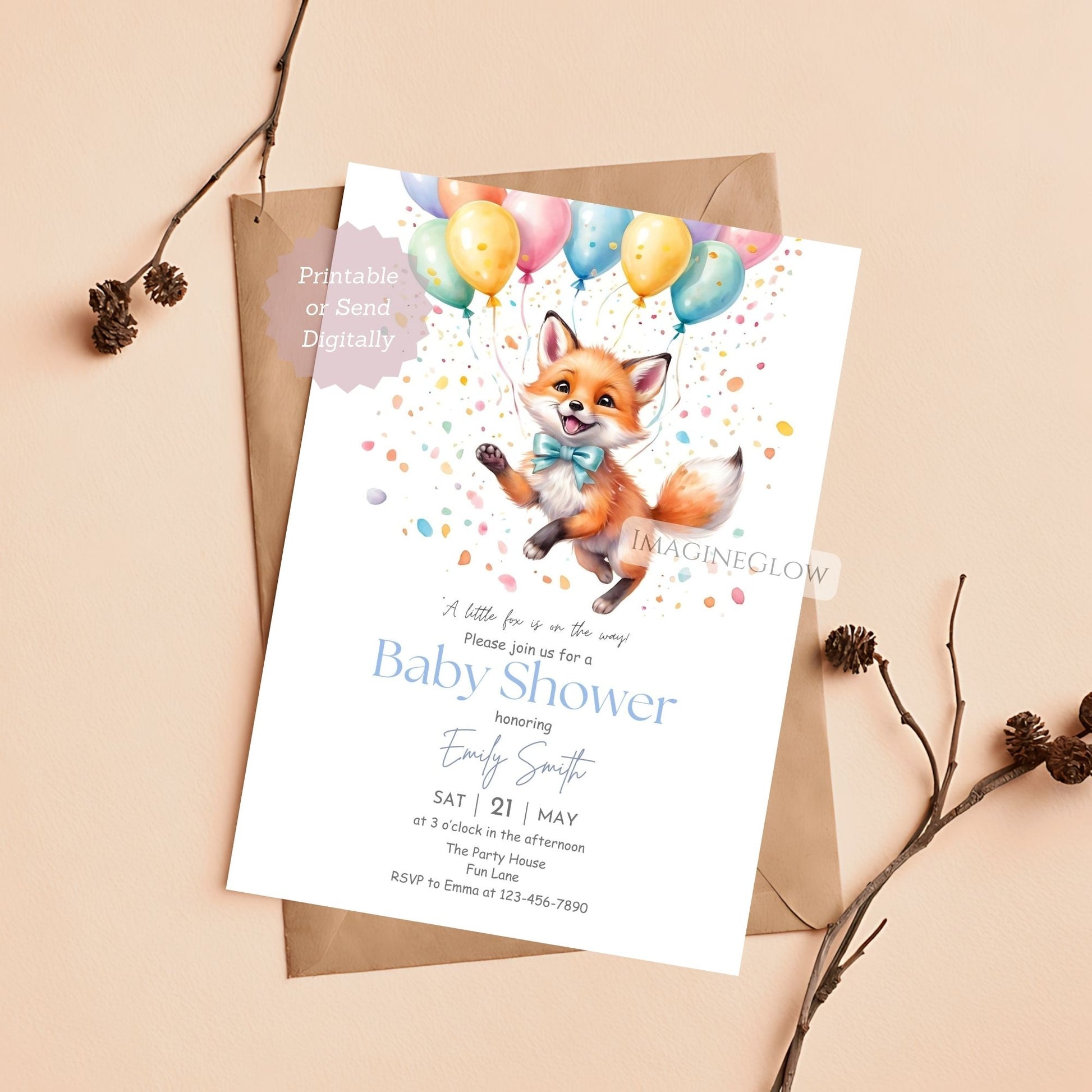 fox baby shower card with pastel balloons