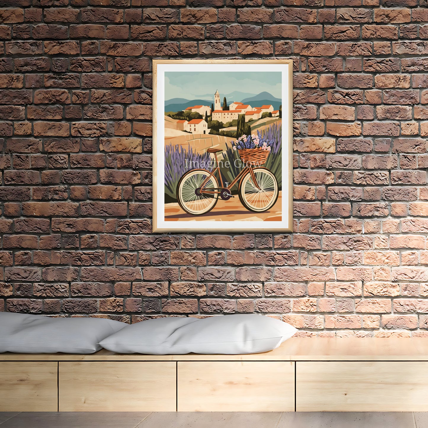 Scenic French landscape art featuring a bike passing village houses.