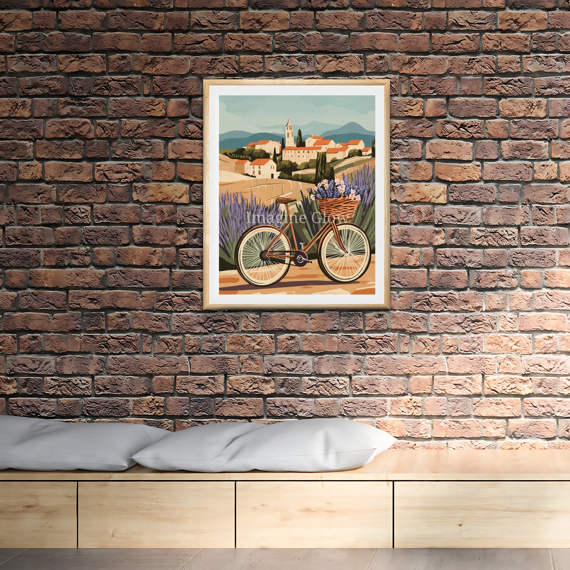 Scenic French landscape art featuring a bike passing village houses.
