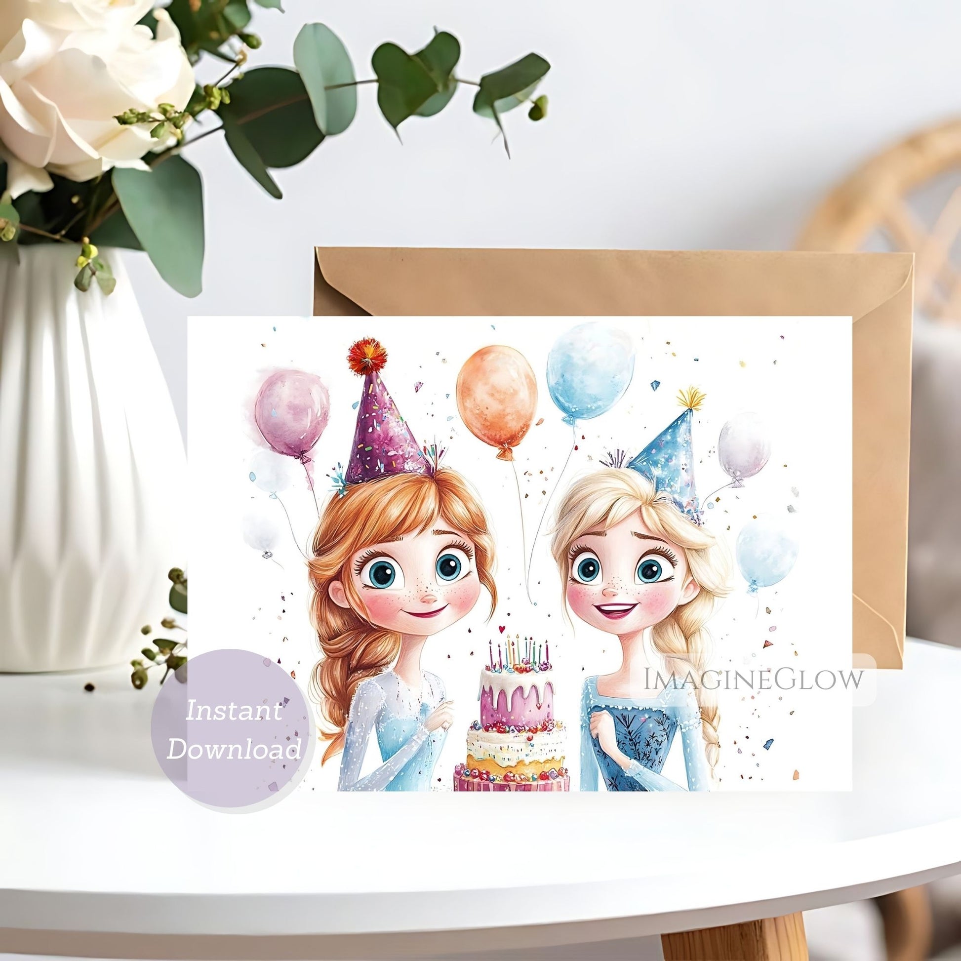 Illustration of two princesses with party hats and balloons on a card