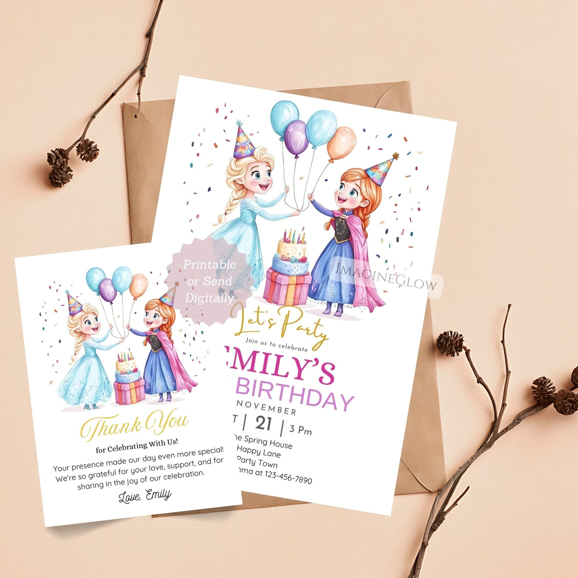 Editable Frozen birthday party invitation and thank you card
Winter Frozen birthday invitation with matching thank you card