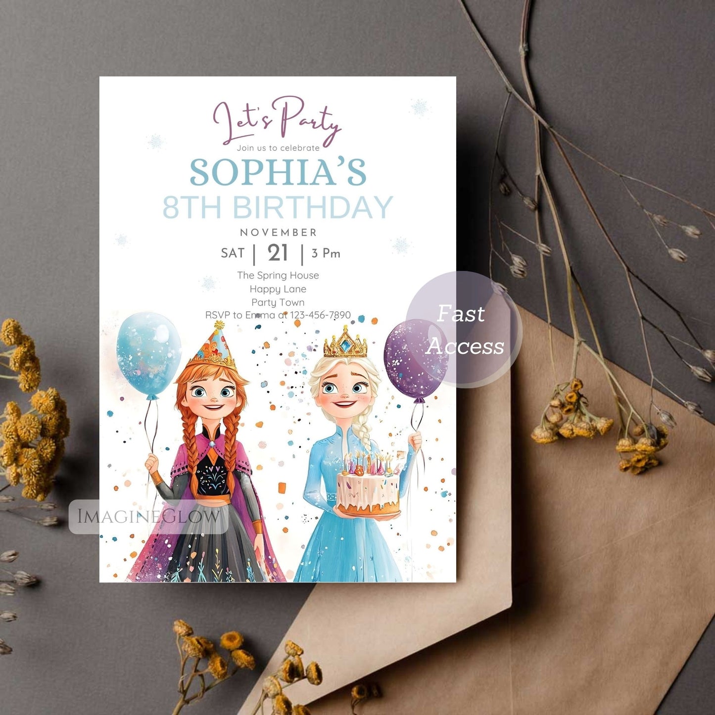 Canva editable Frozen birthday invitation
Princess Elsa Anna birthday card design
Frozen kids birthday party invitation