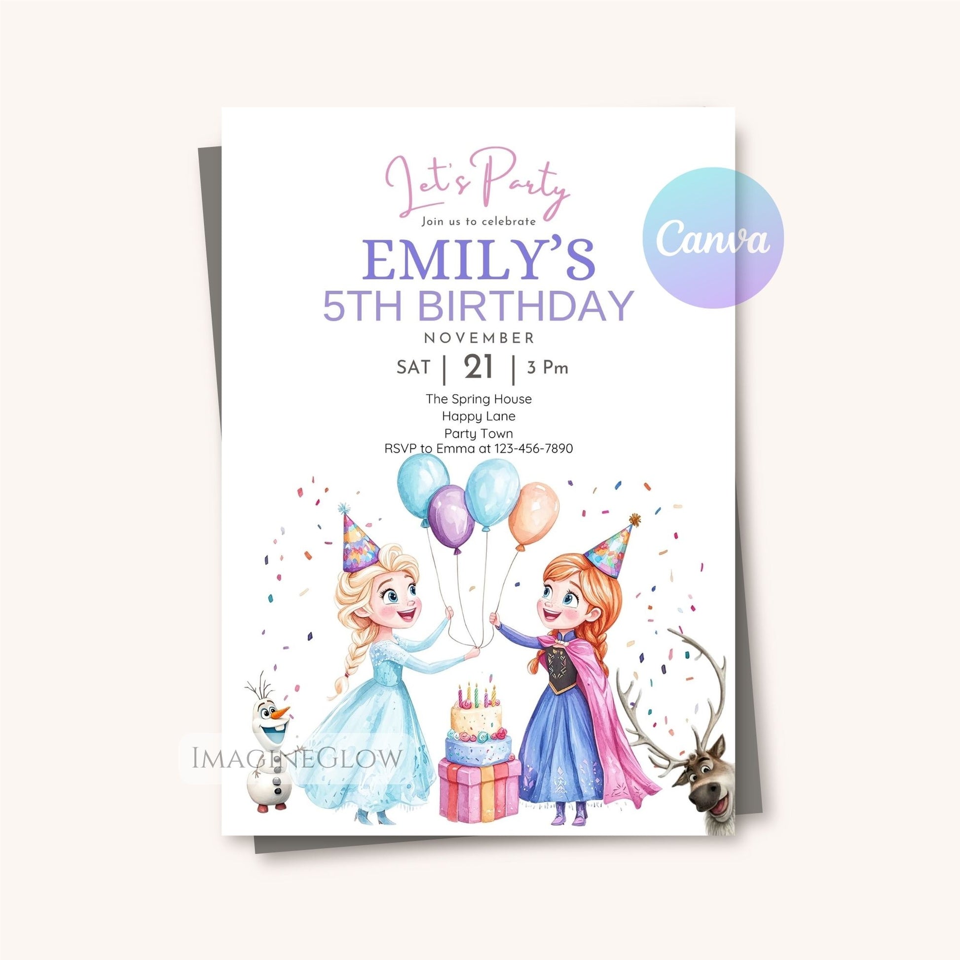 Birthday party invitation with cartoon characters and colorful balloons on a white background
