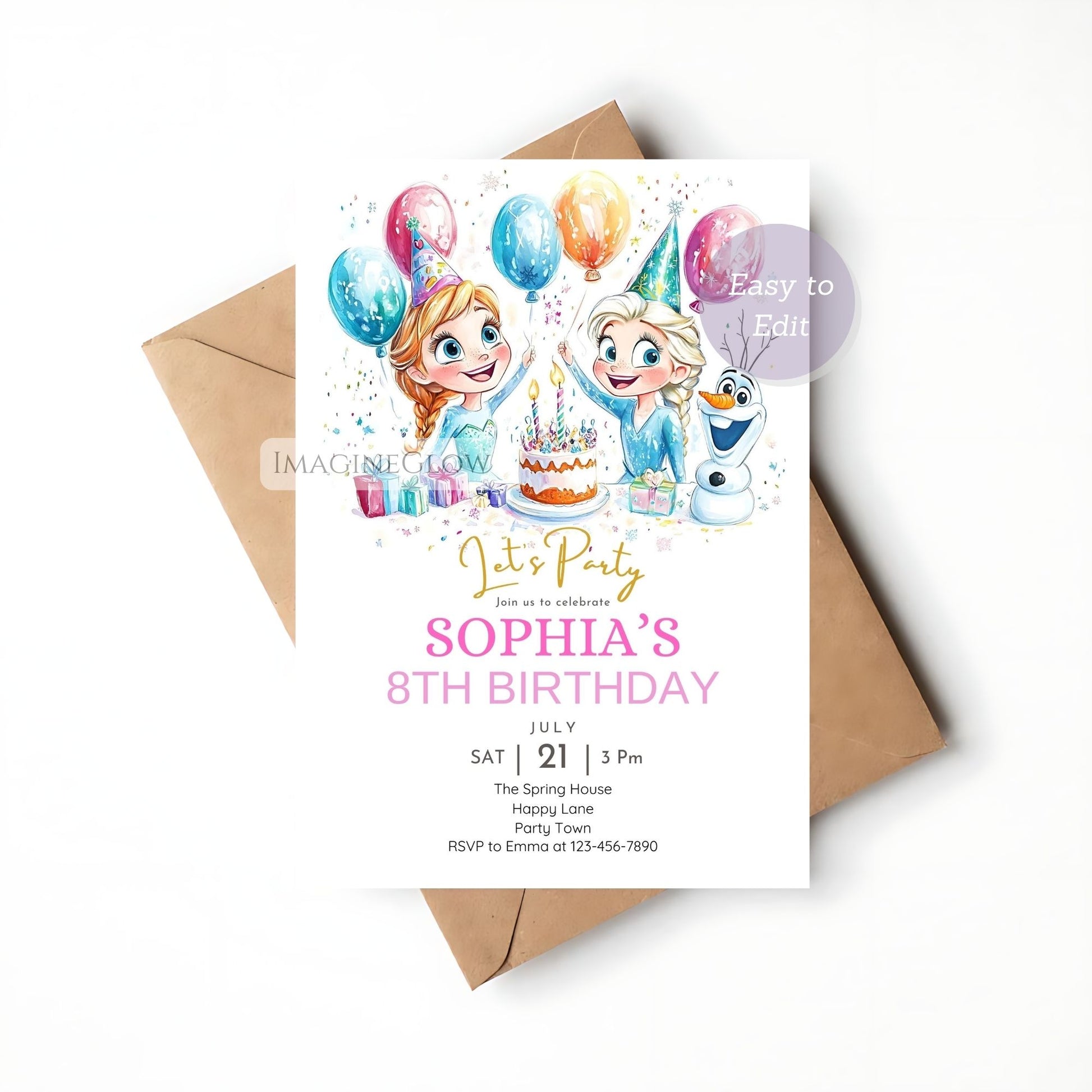 Charming Frozen birthday invitation featuring Olaf
Snow princess birthday invitation with Arendelle vibe