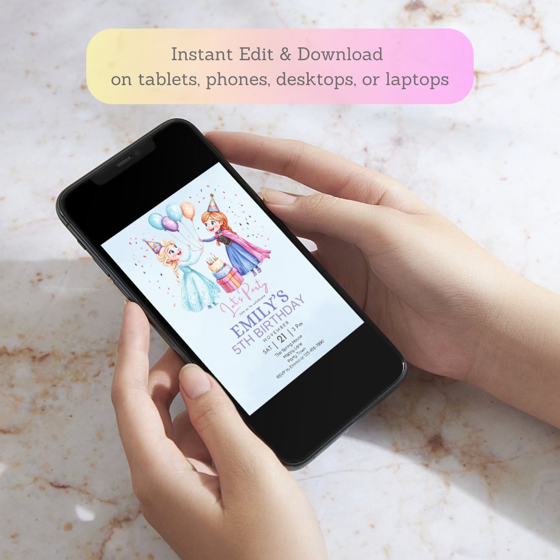 Person holding a smartphone with a birthday invitation on the screen, against a marble background.