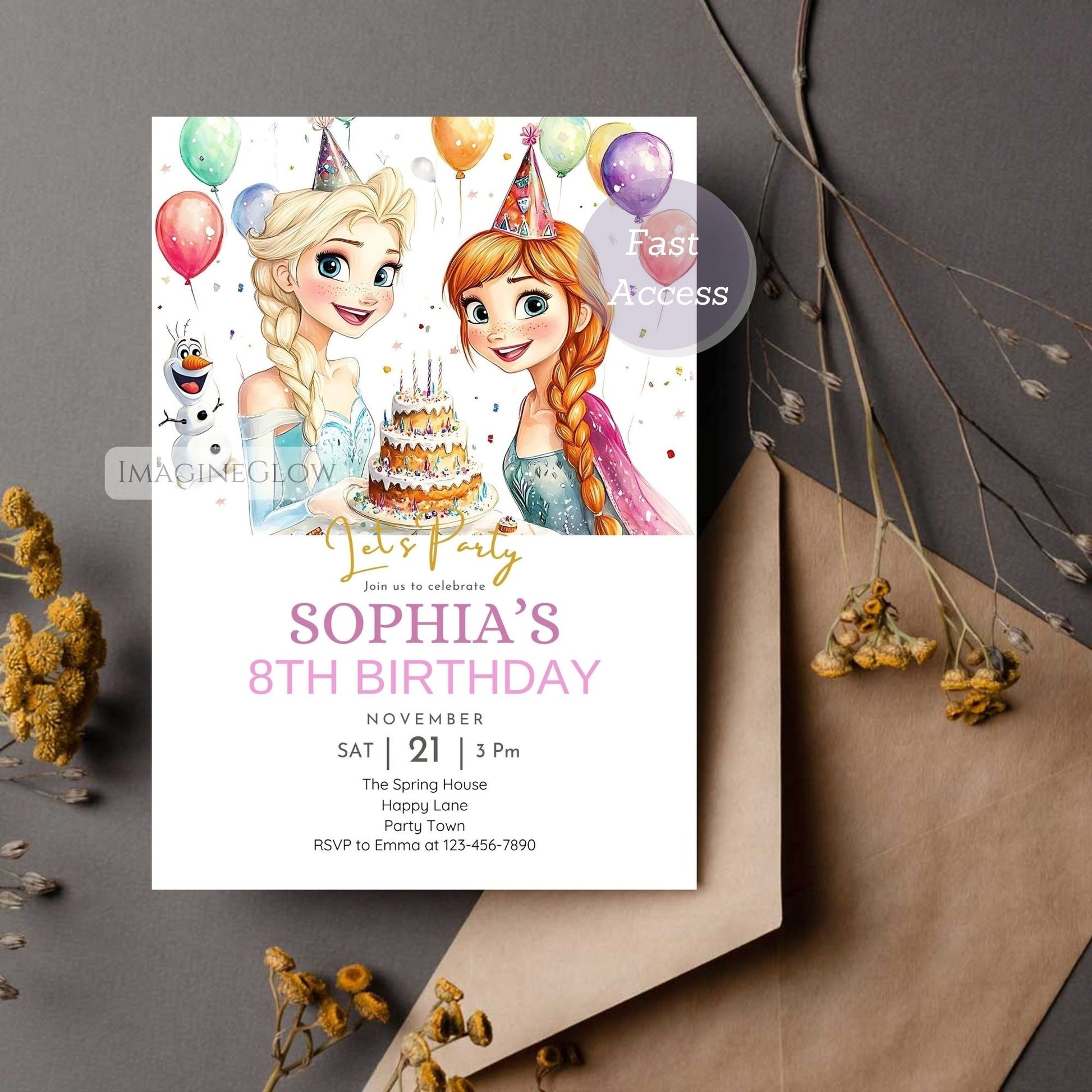 Frozen-themed party invitation with snowy accents