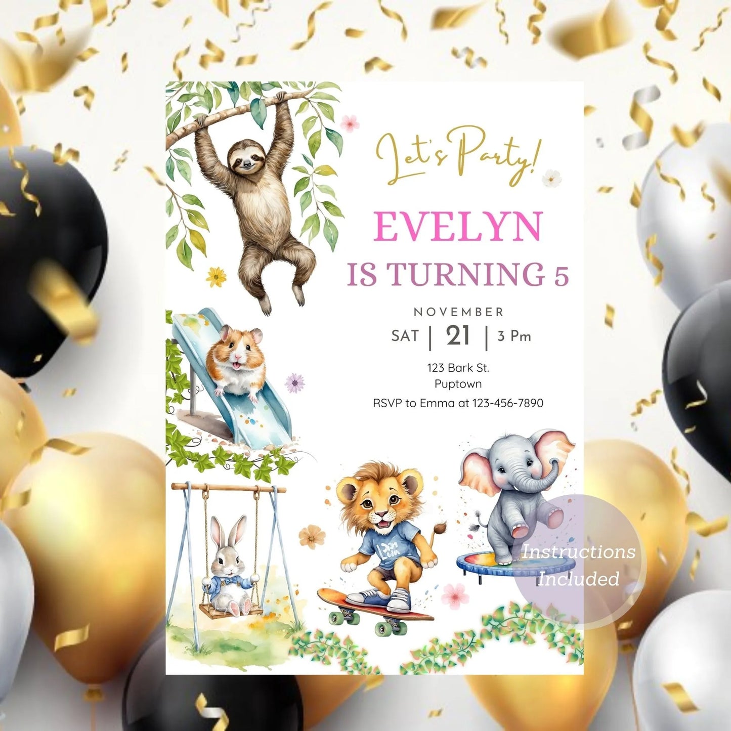 Animal playground birthday invitation for kids’ party celebration.