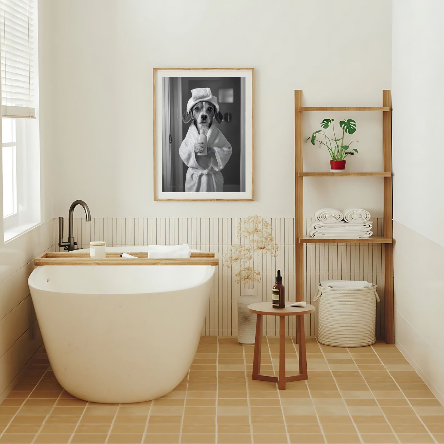 Black and white Beagle poster for powder room decor